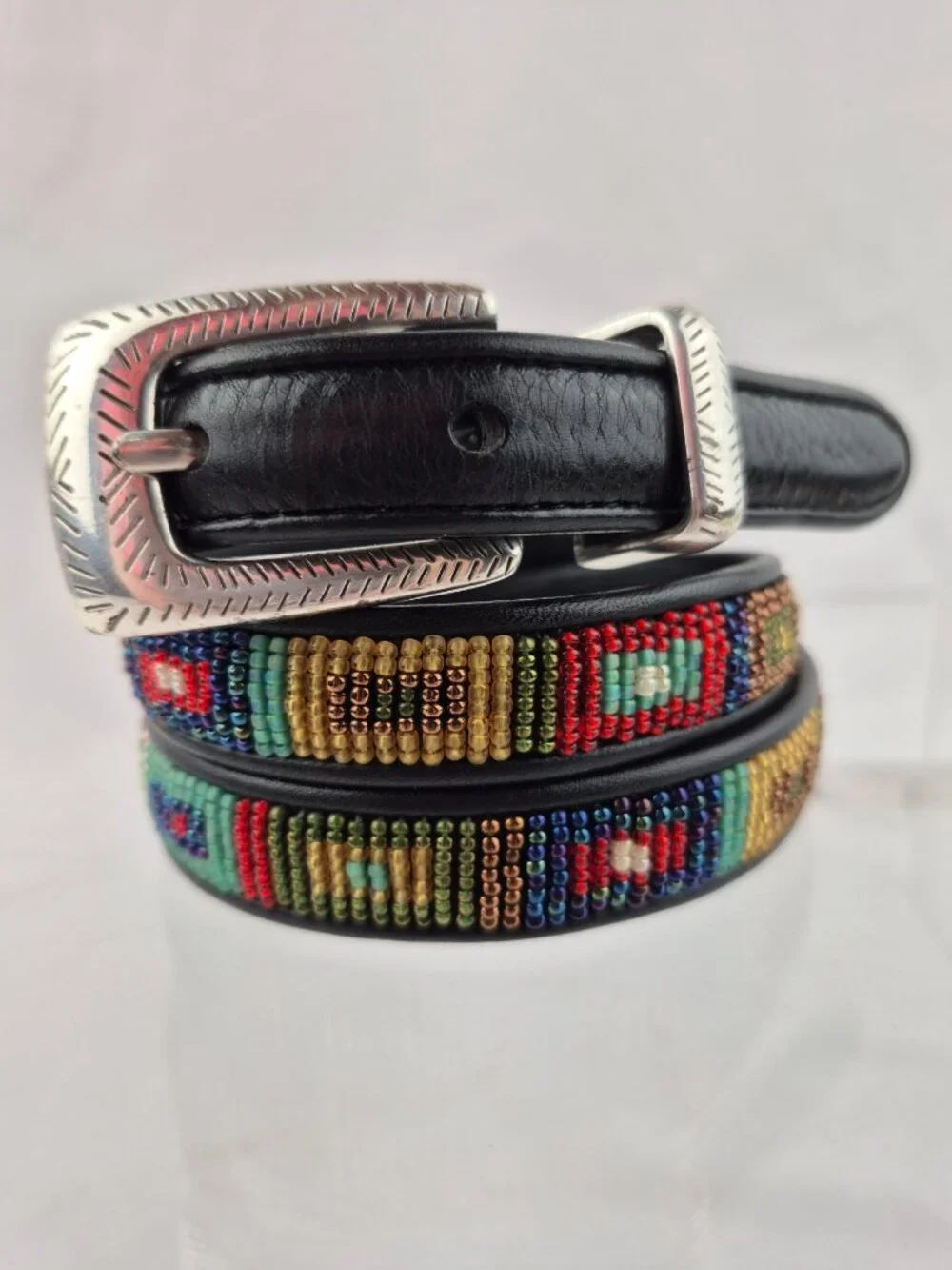 Vintage Brighton Black Leather Belt Multicolored Seed Bead Inlay M/L 32